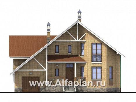 «Престиж» - проект дома с террасой и с гаражом, фасад дома с эркером, из кирпича, в стиле шале - превью фасада дома