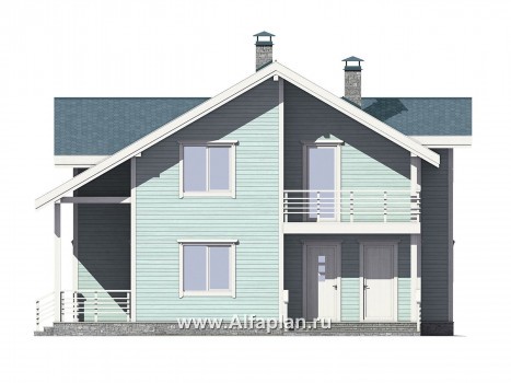 Проект каркасного дома с мансардой, мастер спальня, планировка с кабинетом на 1 эт, с террасой и с балконом - превью фасада дома
