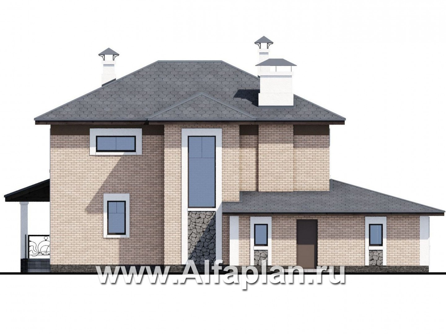 «Модерн» - проект двухэтажного дома из газобетона, с террасой и с гаражом, в стиле модерн (Серебряный век) - фасад дома
