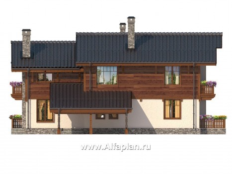 Проект двухэтажного дома, планировка 2 жилых комнаты на 1 эт,с террасой и с балконом, в стиле шале - превью фасада дома