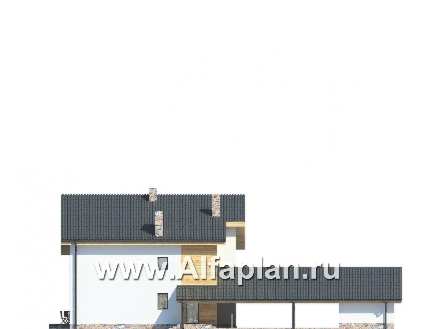 Проект двухэтажного дома с фото, план с гостевой на 1 эт и со вторым светом гостиной,  с террасой и  с гаражом на 3 авто - фасад дома