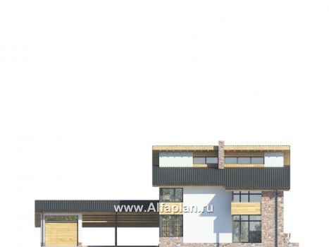 Проект двухэтажного дома с фото, план с гостевой на 1 эт и со вторым светом гостиной,  с террасой и  с гаражом на 3 авто - превью фасада дома