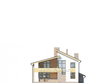 Проект двухэтажного дома с фото, план с гостевой на 1 эт и со вторым светом гостиной,  с террасой и  с гаражом на 3 авто - превью фасада дома