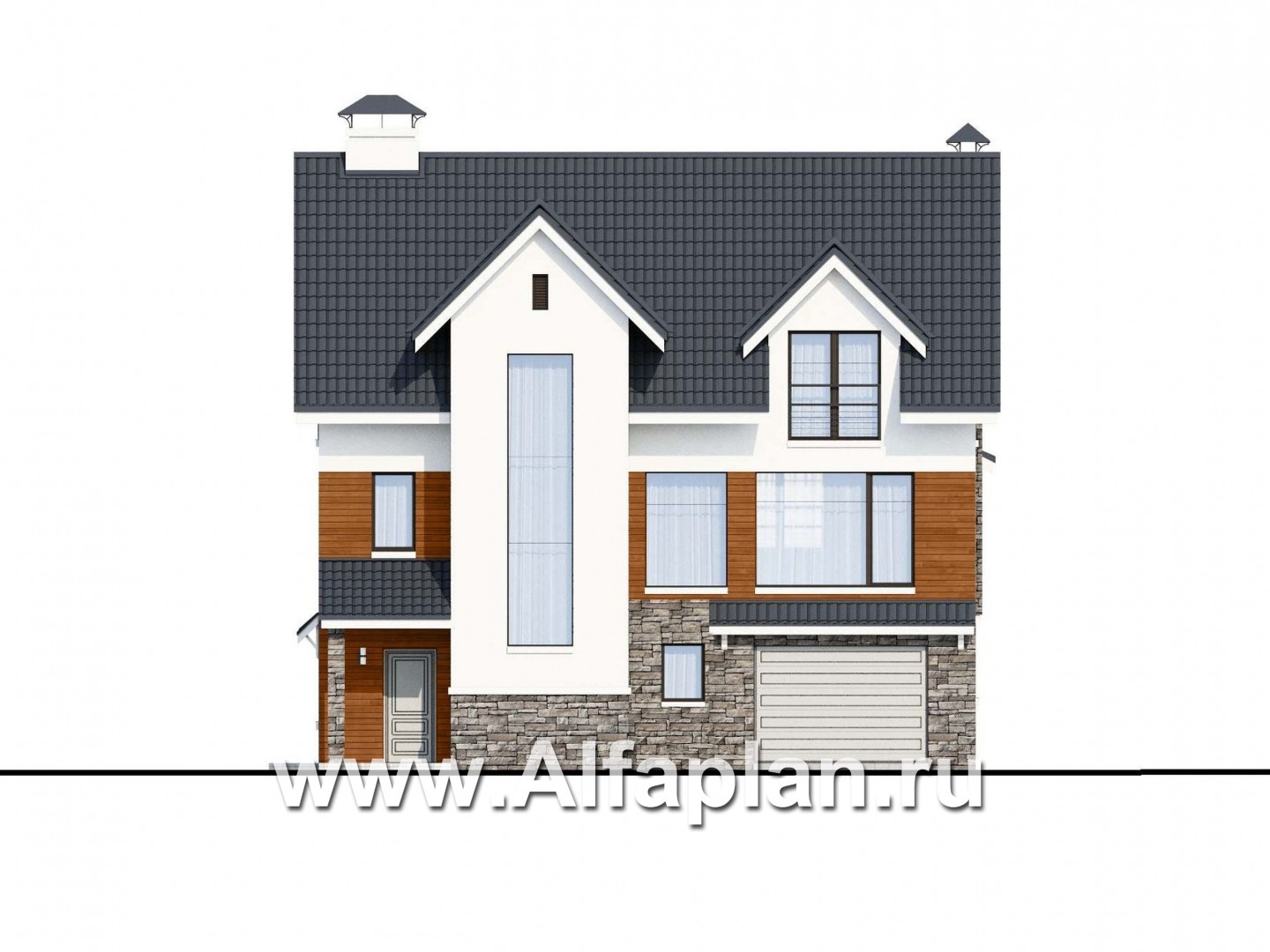 «Альпина» - проект двухэтажного дома, с мансардой и с гаражом на 1 авто и сауной в цоколе - фасад дома