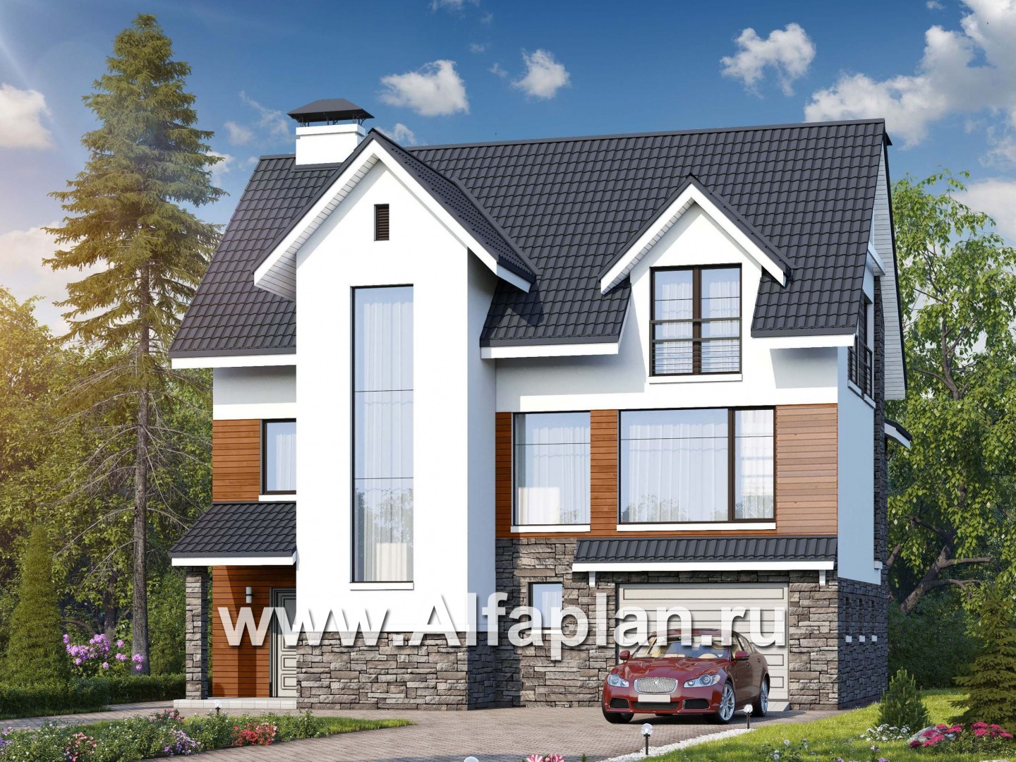 «Альпина» - проект двухэтажного дома, с мансардой и с гаражом на 1 авто и сауной в цоколе - основное изображение