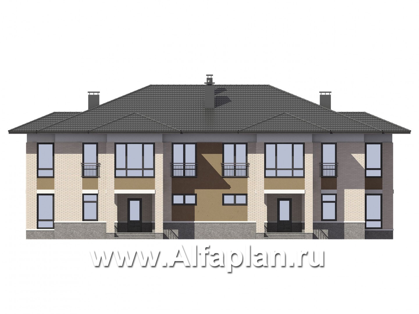 Проект двухэтажного дома из газобетона, таунхаус на две семьи с большими террасами-барбекю - фасад дома