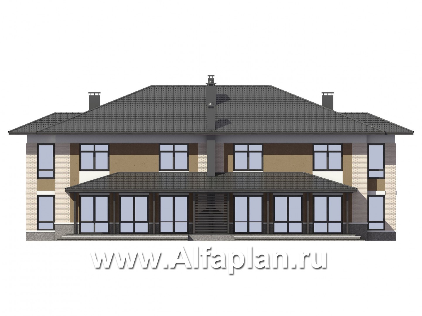 Проект двухэтажного дома из газобетона, таунхаус на две семьи с большими террасами-барбекю - фасад дома