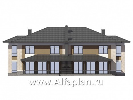 Проект двухэтажного дома из газобетона, таунхаус на две семьи с большими террасами-барбекю - превью фасада дома