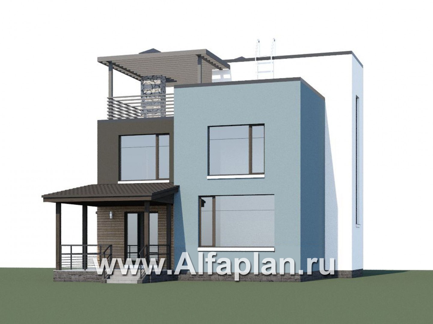 «Сектор счастья» - проект двухэтажного дома с балконом и с террасой, с плоской «зеленой» кровлей, в стиле хай-тек - дизайн дома №1