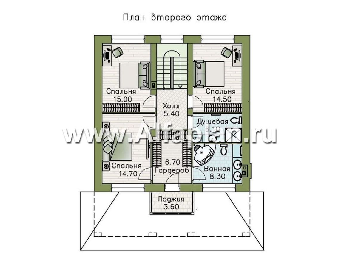 План двухоэтажного дома 2-ой этаж архитектурного бюро "Альфаплан"