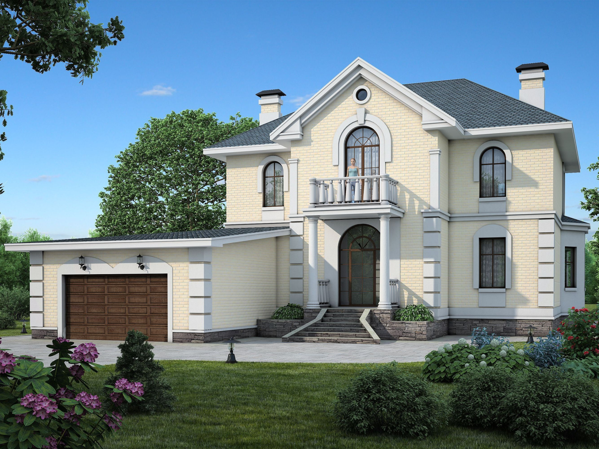 Превью для проекта в портфолио ««Петровское барокко» - проект двухэтажного дома, лестница в центре гостиной, с эркером и с гаражом на 2 авто»