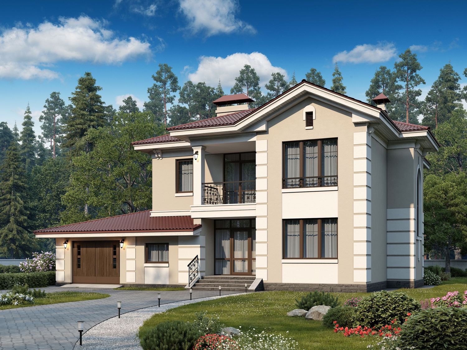 Превью для проекта в портфолио ««Репутация» - красивый проект двухэтажного дома из газобетона, планировка с эркером и с гаражом, в английском стиле»