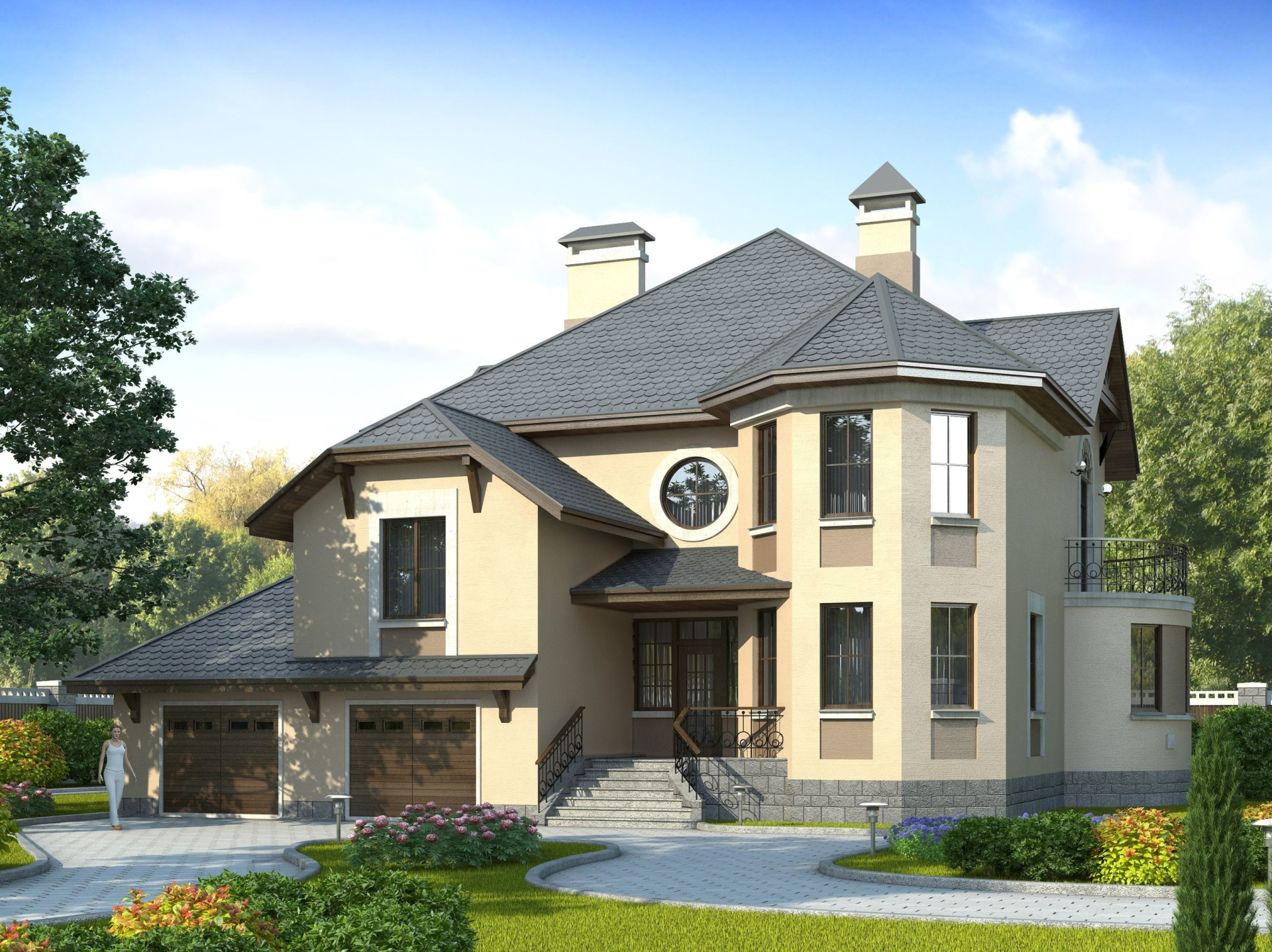 Превью для проекта в портфолио ««Амбиент» - красивый проект двухэтажного дома с эркером и с террасой, открытая планировка, с гаражом на 2 авто»