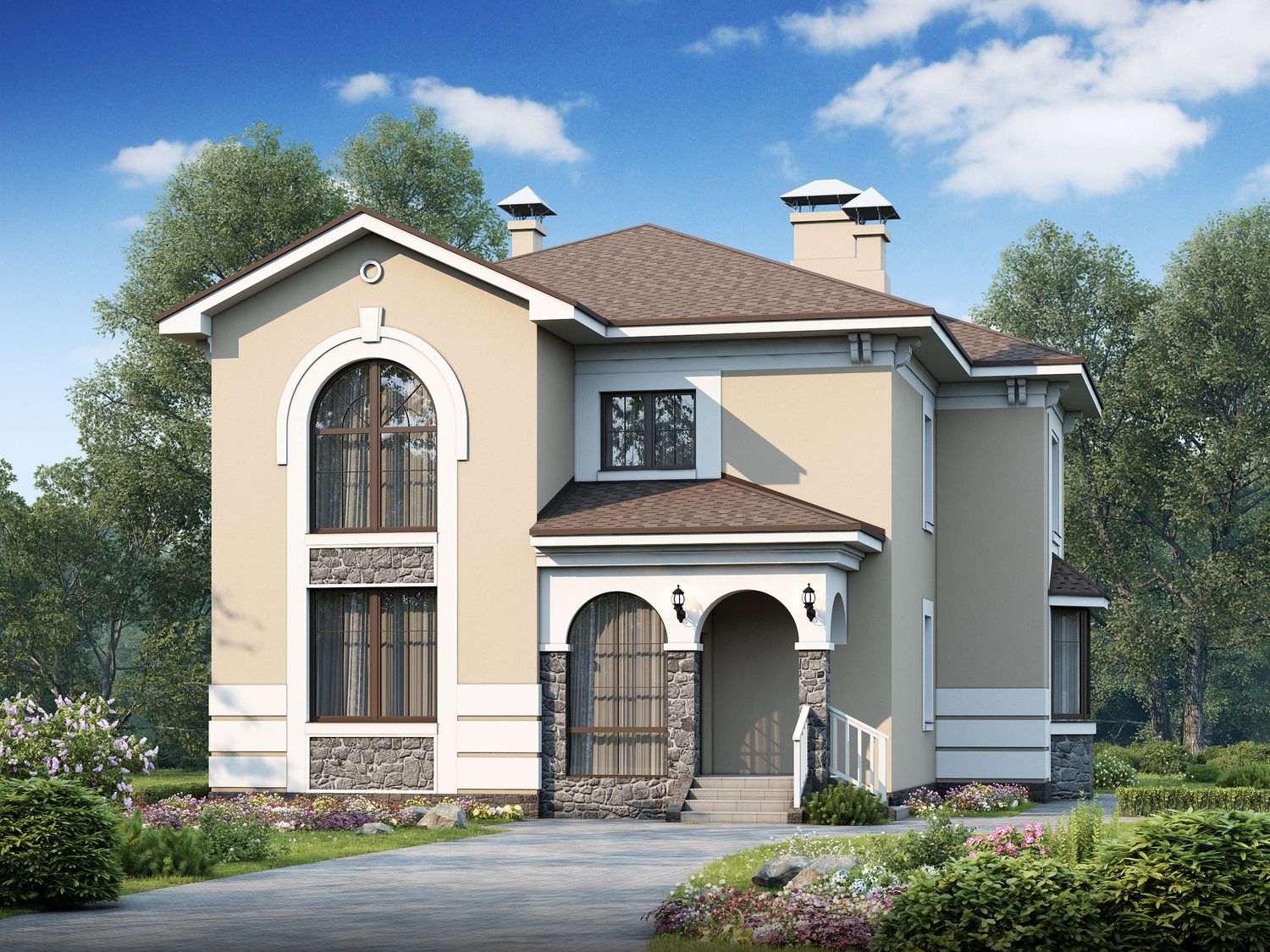 Превью для проекта в портфолио ««Белоостров» - красивый проект двухэтажного дома, планировка с кабинетом на 1 эт, терраса, эркер в столовой»