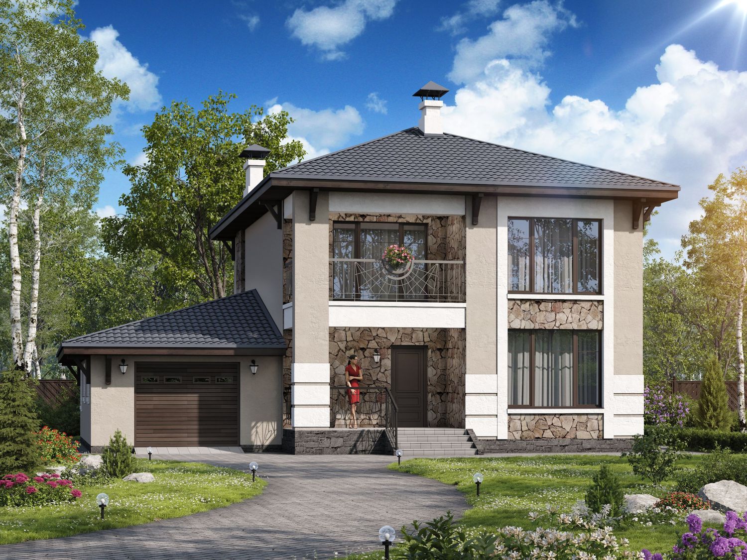 Превью для проекта в портфолио «Отличная планировка для комфортной жизни. «Синяя птица» - проект красивого двухэтажного дома, с аркой на входе, с террасой и с гаражом, в стиле модерн»