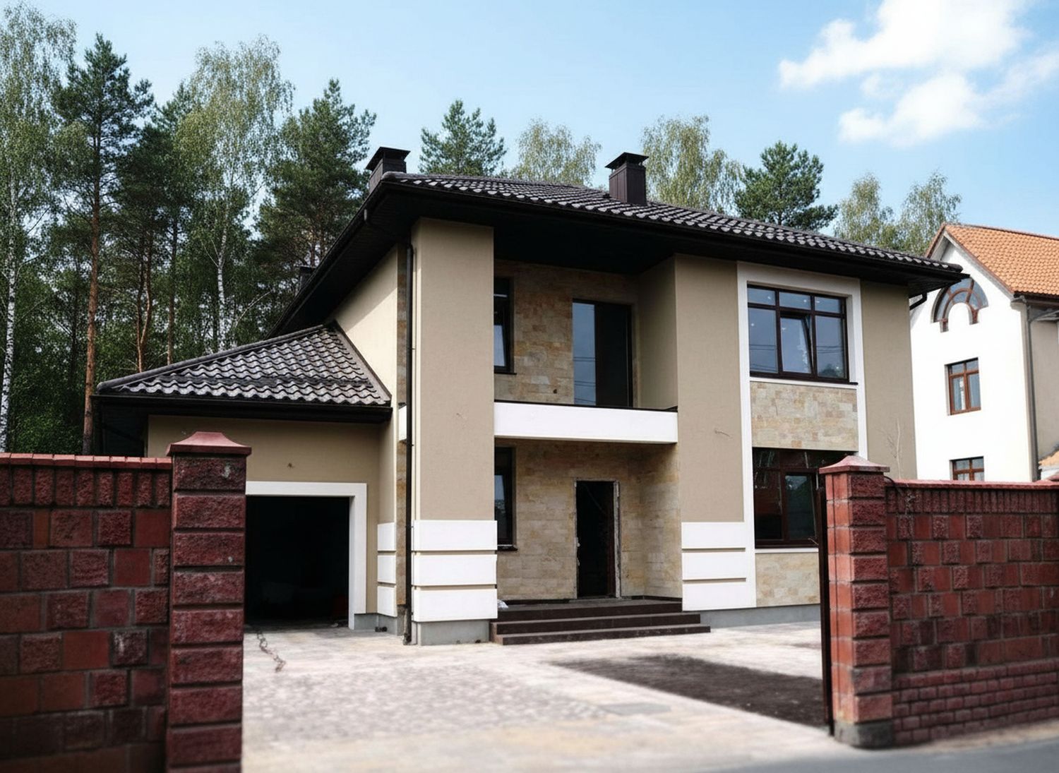 Превью для проекта в портфолио «Отличная планировка для комфортной жизни. «Синяя птица» - проект красивого двухэтажного дома, с аркой на входе, с террасой и с гаражом, в стиле модерн»