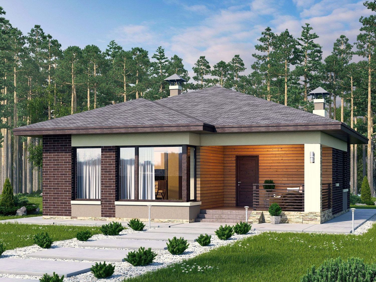 Превью для проекта в портфолио «Коттедж с двумя спальнями. «Дега» - проект одноэтажного дома из газобетона, с террасой, с угловым окном»