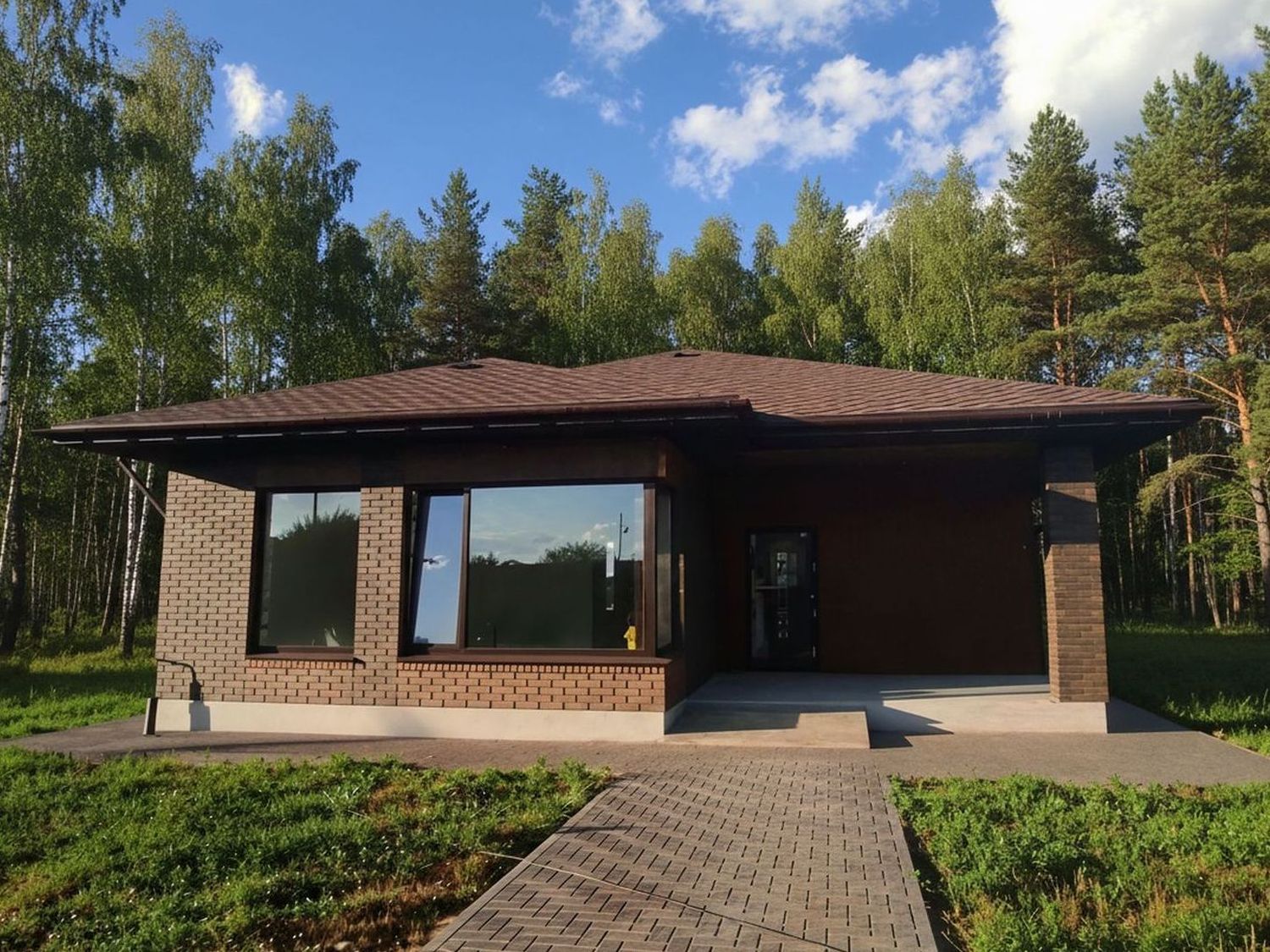 Превью для проекта в портфолио «Коттедж с двумя спальнями. «Дега» - проект одноэтажного дома из газобетона, с террасой, с угловым окном»