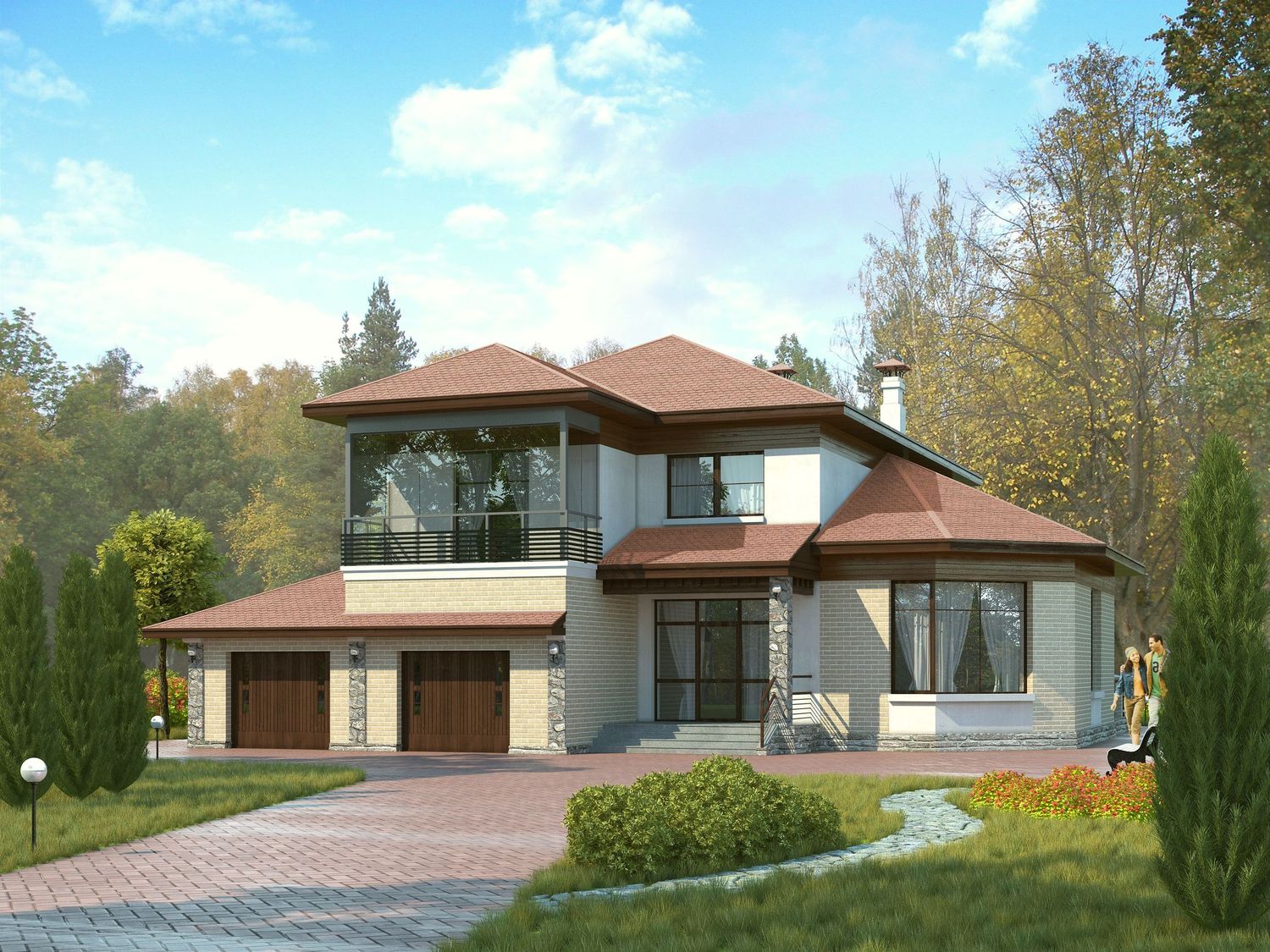 Превью для проекта в портфолио « «Рубин» - проект двухэтажного дома из газобетона, с оригинальной гостиной и террасой, гараж на 2 авто»