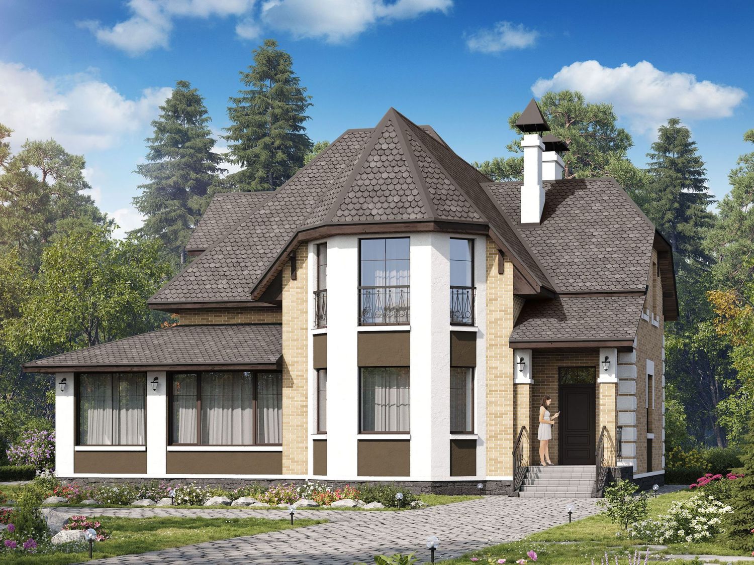 Превью для проекта в портфолио ««Клио» - проект коттеджа с мансардой, с красивым эркером и с террасой, лестница в гостиной»