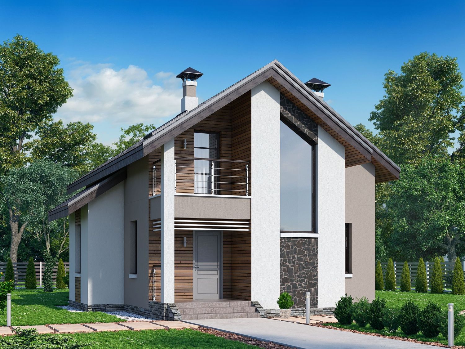 Превью для проекта в портфолио ««Рациональ» - проект коттеджа с мансардой, с террасой и с балконом, с двускатной кровлей»