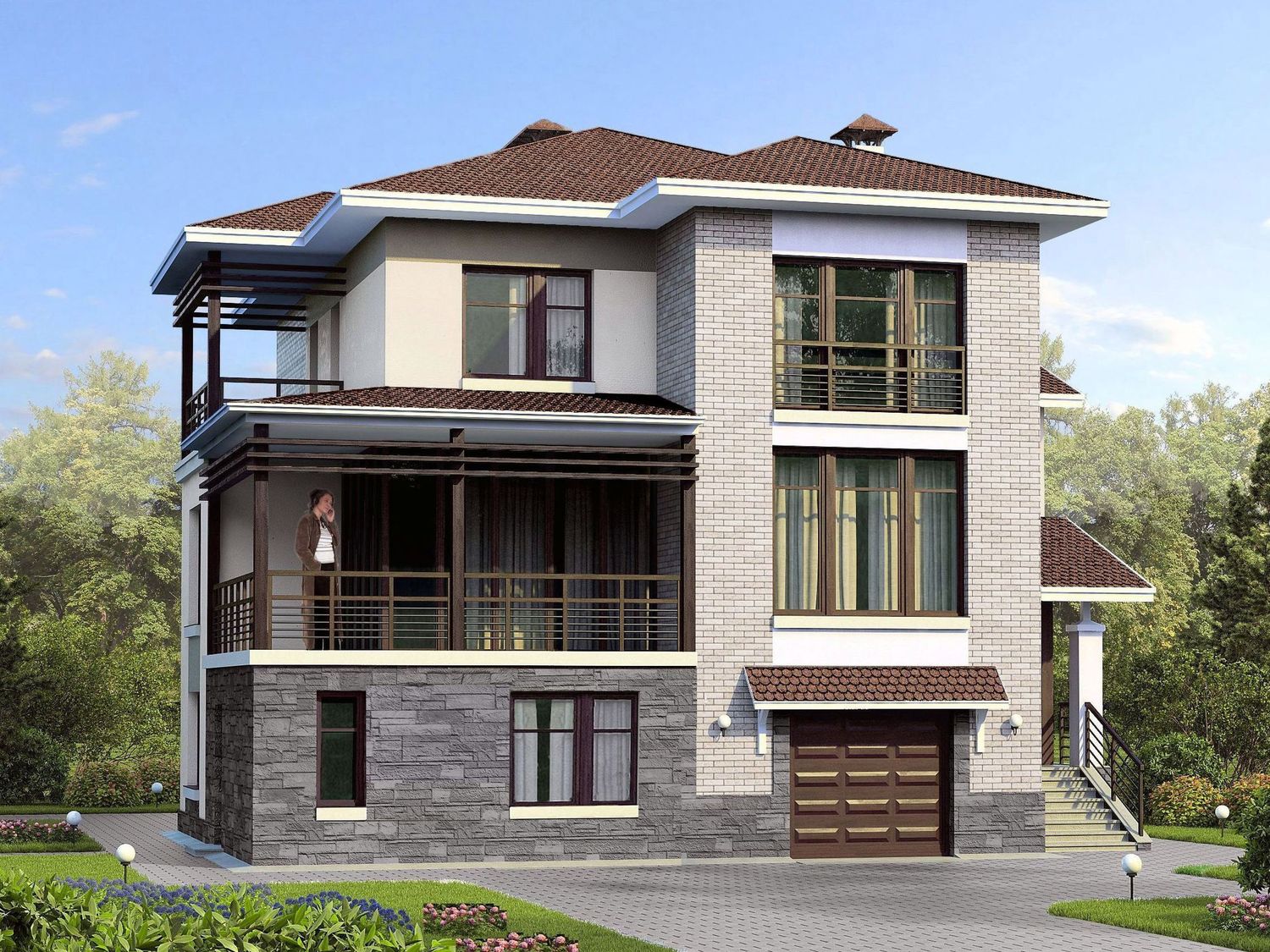 Превью для проекта в портфолио ««Светлые времена» - проект трехэтажного дома, с гаражом на 1 авто и гостевой квартирой в цоколе, угловая терраса»