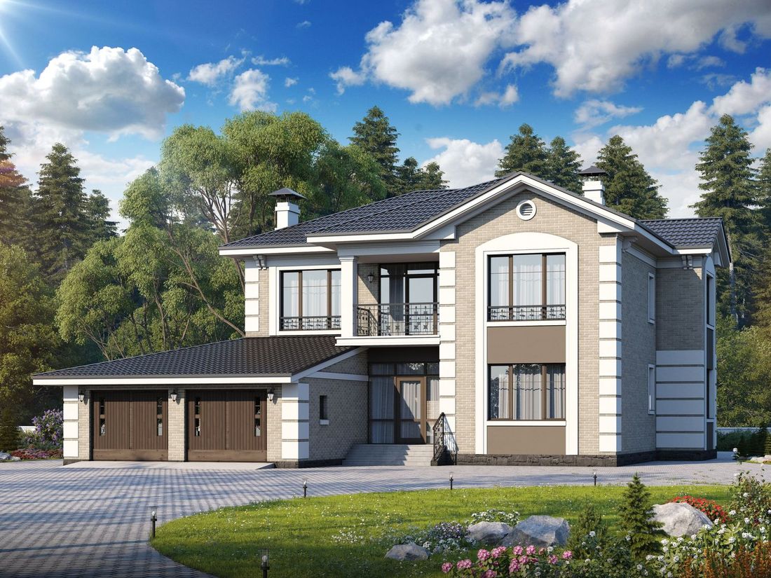 Превью для проекта в портфолио « Особняк в стиле Петровское барокко. «Орлов» - проект двухэтажного дома из газобетона, планировка с лестницей в центре, с гаражом на 2 авто»