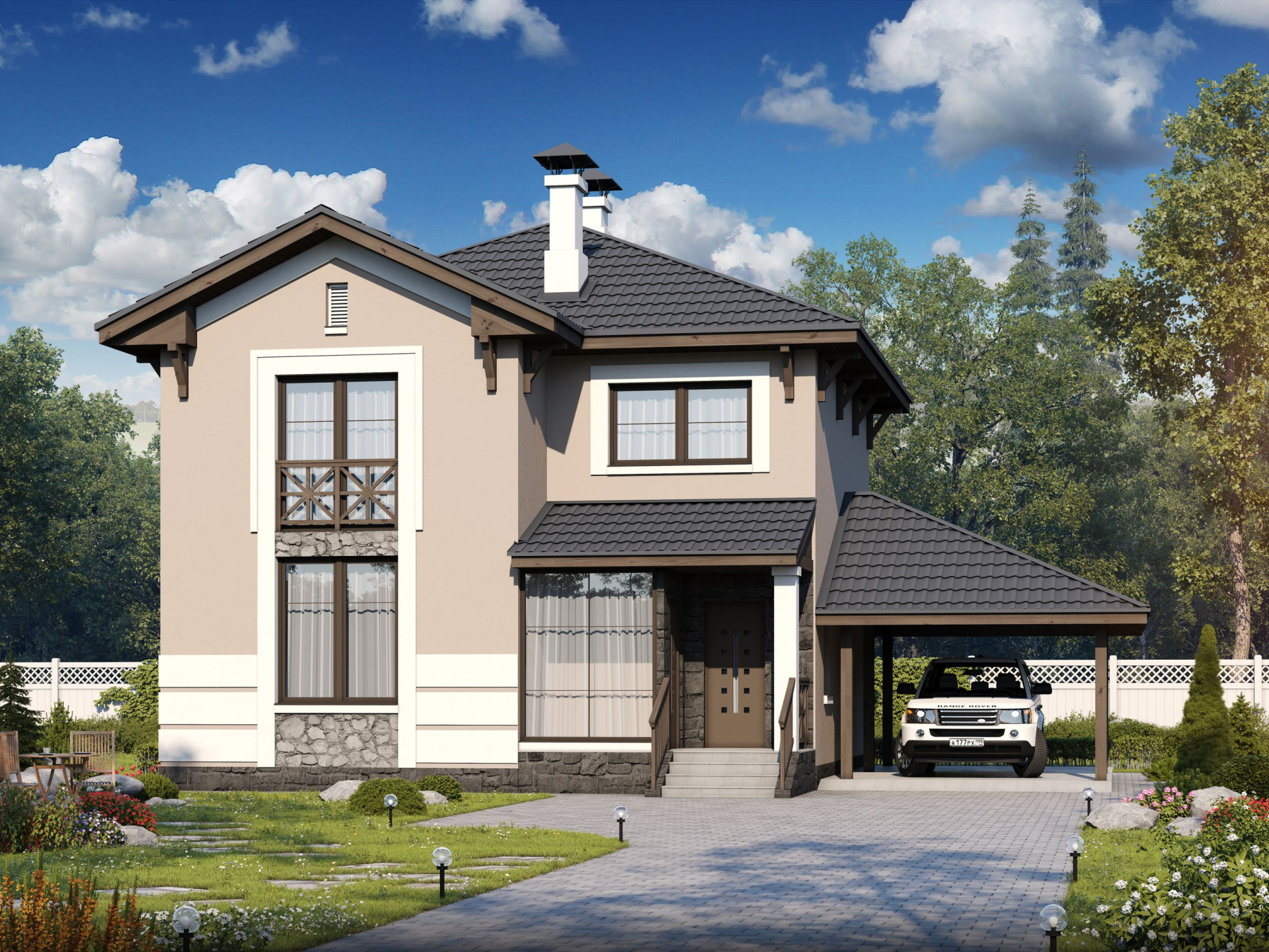 Превью для проекта в портфолио ««Собственный рай» - проект двухэтажного дома из кирпича, с навесом на 1 авто, в стиле эклектика»