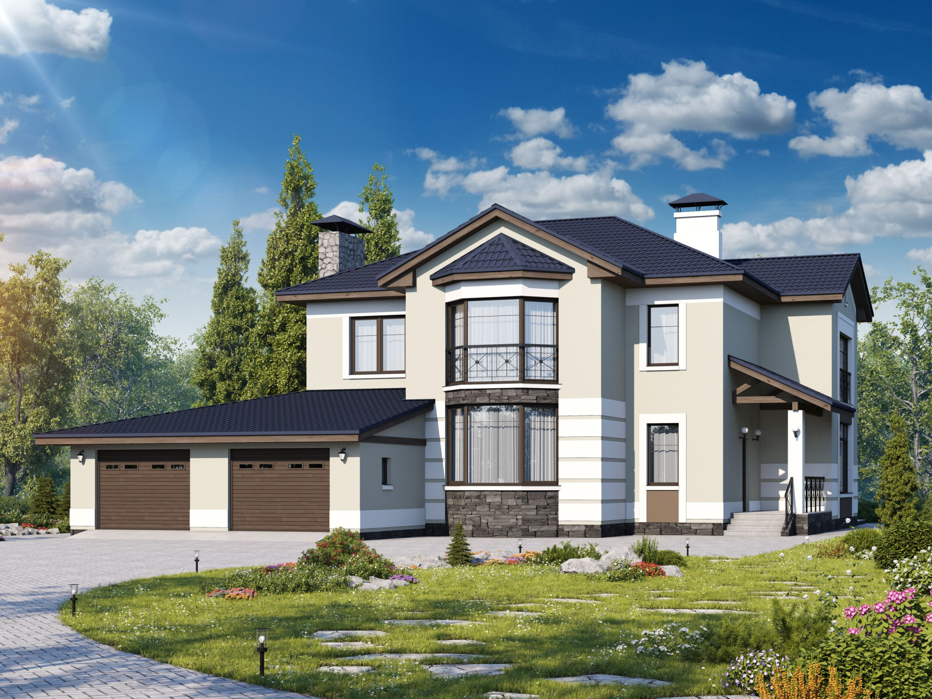 Превью для проекта в портфолио ««Диадема» - проект двухэтажного дома, с эркером и с террасой, в стиле эклектика, с гаражом на 2 авто»