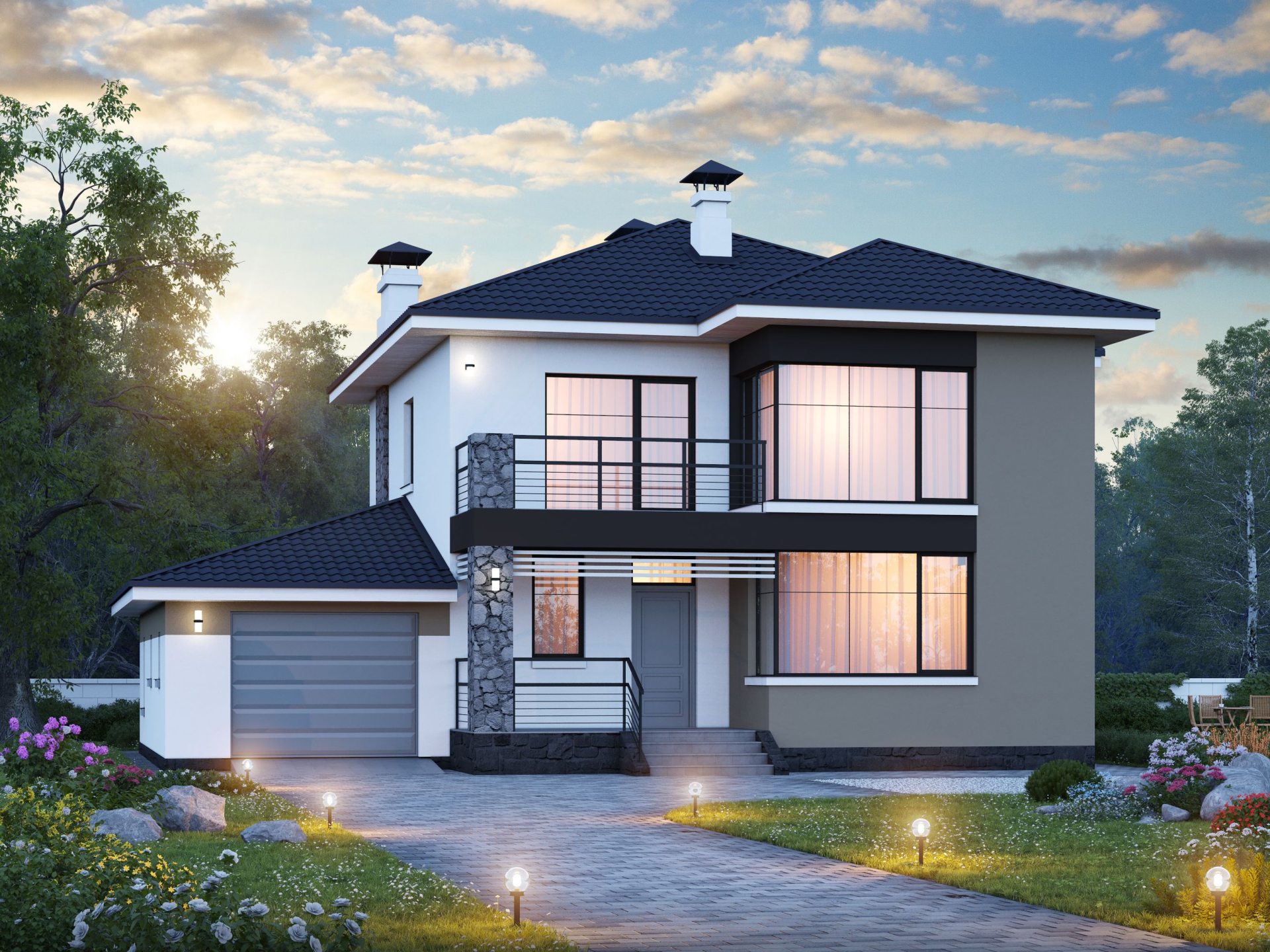 Превью для проекта в портфолио «Результат: от идеи до воплощения. «Лотос» - проект современного двухэтажного дома, 4 спальни, с террасой, в стиле минимализм, с гаражом»