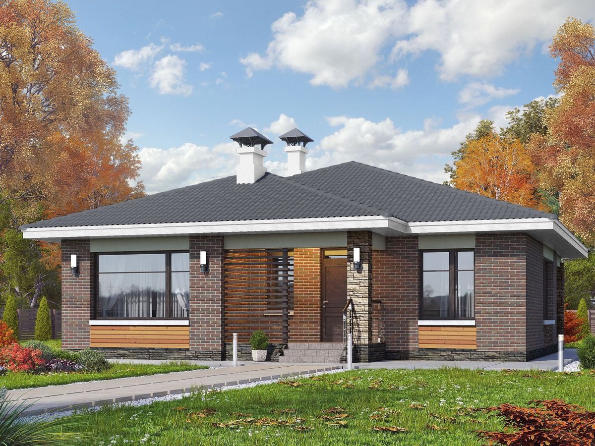 Превью для проекта в портфолио «Отличная планировка. «Онега» - проект одноэтажного дома из газобетона, 2 спальни, с террасой»