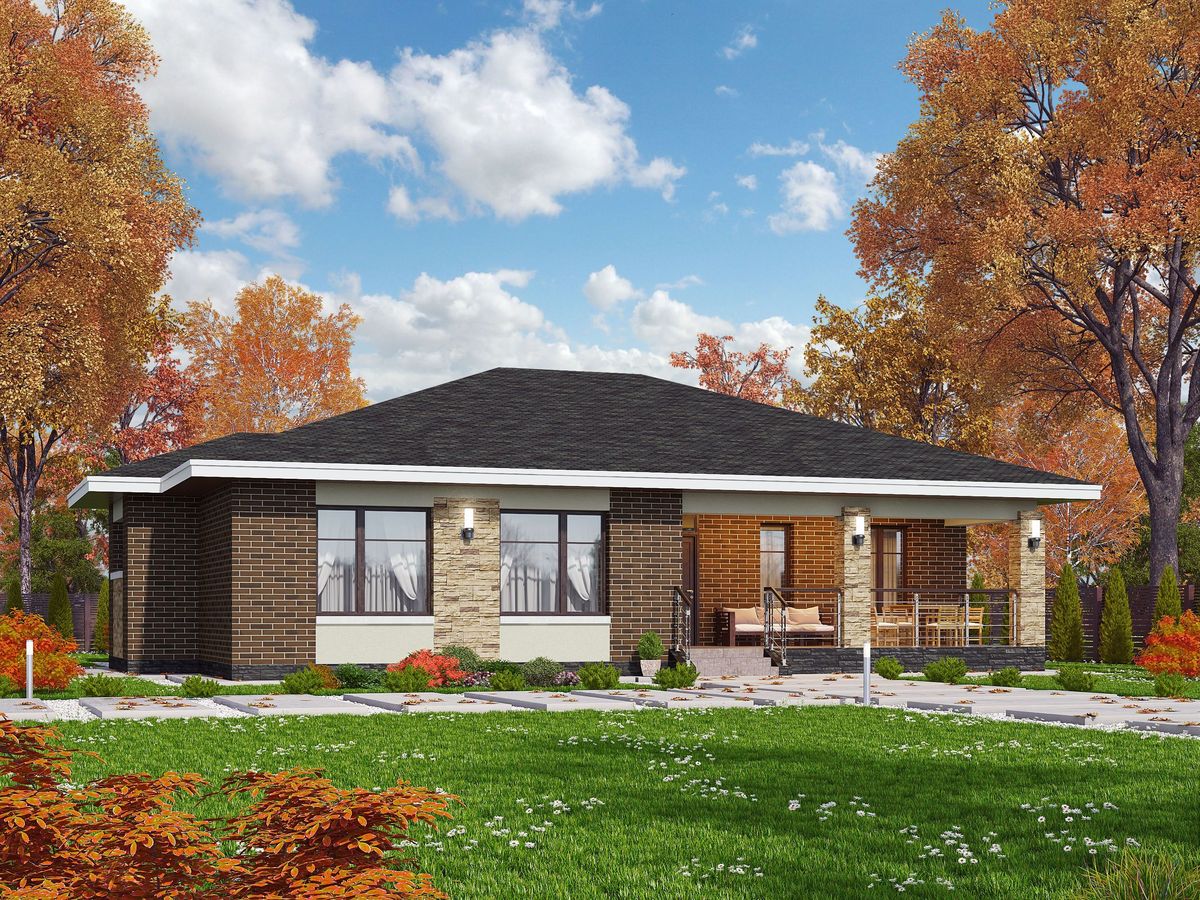 Превью для проекта в портфолио « «Вуокса» - проект одноэтажного дома из кирпича, с комфортной планировкой, с террасой со стороны входа»