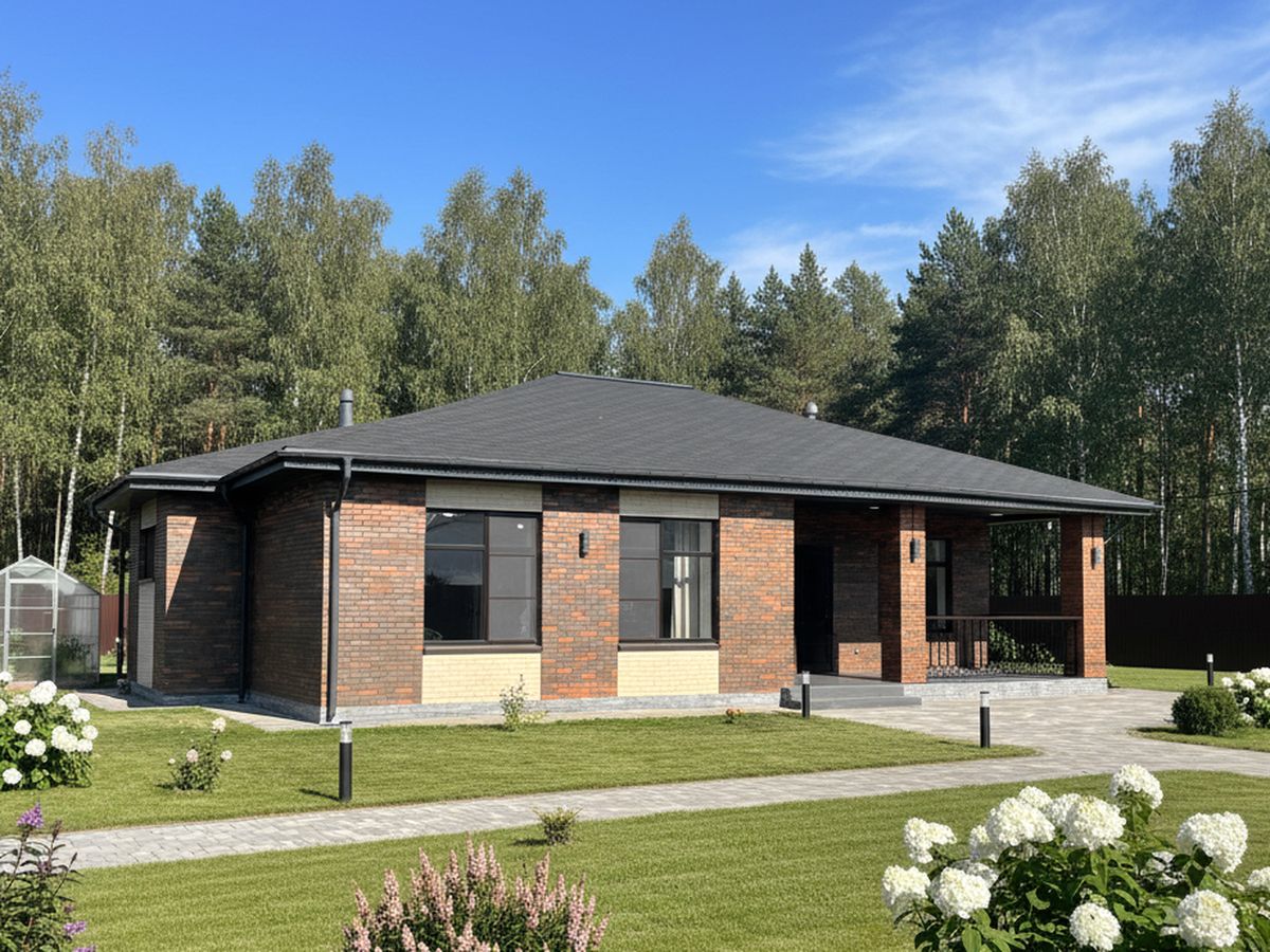 Превью для проекта в портфолио « «Вуокса» - проект одноэтажного дома из кирпича, с комфортной планировкой, с террасой со стороны входа»