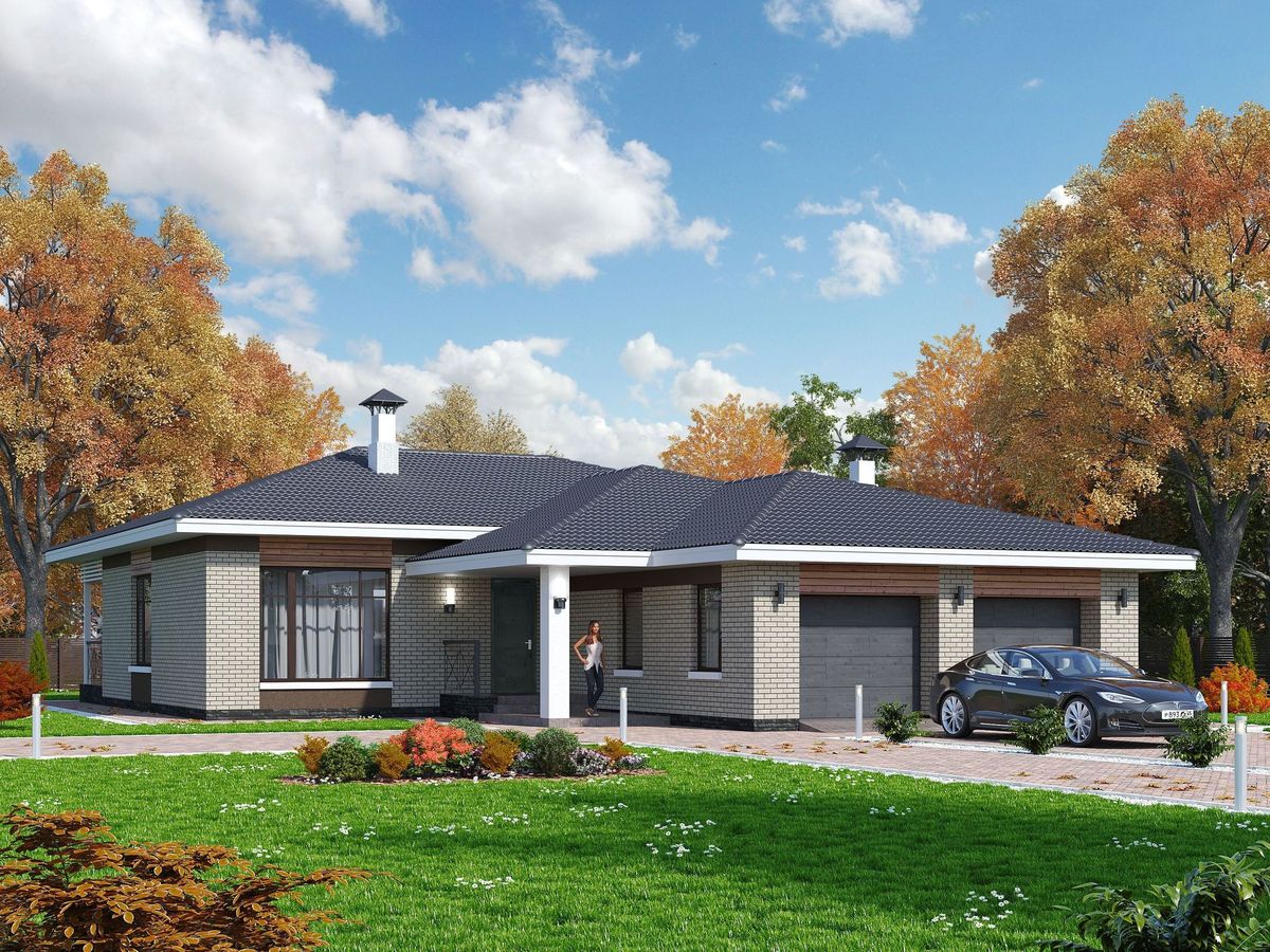 Превью для проекта в портфолио ««Покровка» - красивый дом, проект одноэтажногокоттеджа из газобетона, мастер спальня, с террасой и гаражом на 2 авто»