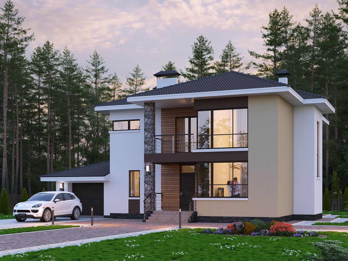 Превью для проекта в портфолио «Идеальная планировка. «Формула успеха» - красивый проект двухэтажного дома, из газобетона, с угловыми окнами, с гаражом»