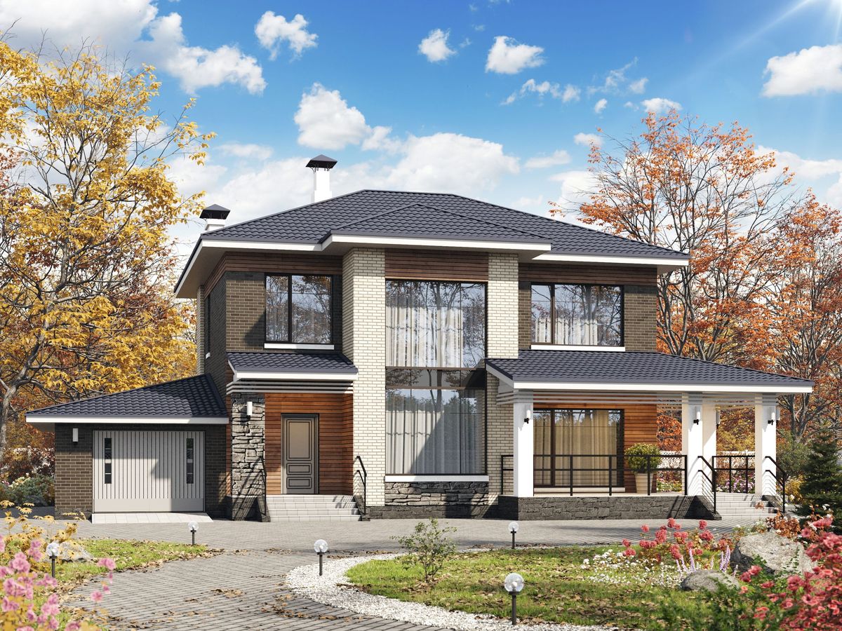 Превью для проекта в портфолио ««Светлая полоса» - проект двухэтажного дома, современный стиль, с террасой и с гаражом»