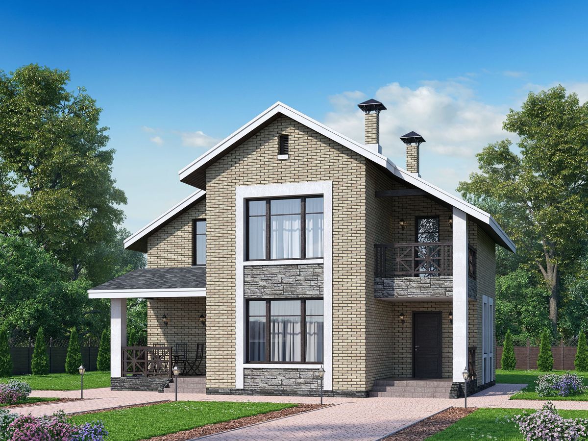 Превью для проекта в портфолио « «Ижора» - проект дома с мансардой, планировка дома с террасой, с двускатной кровлей»