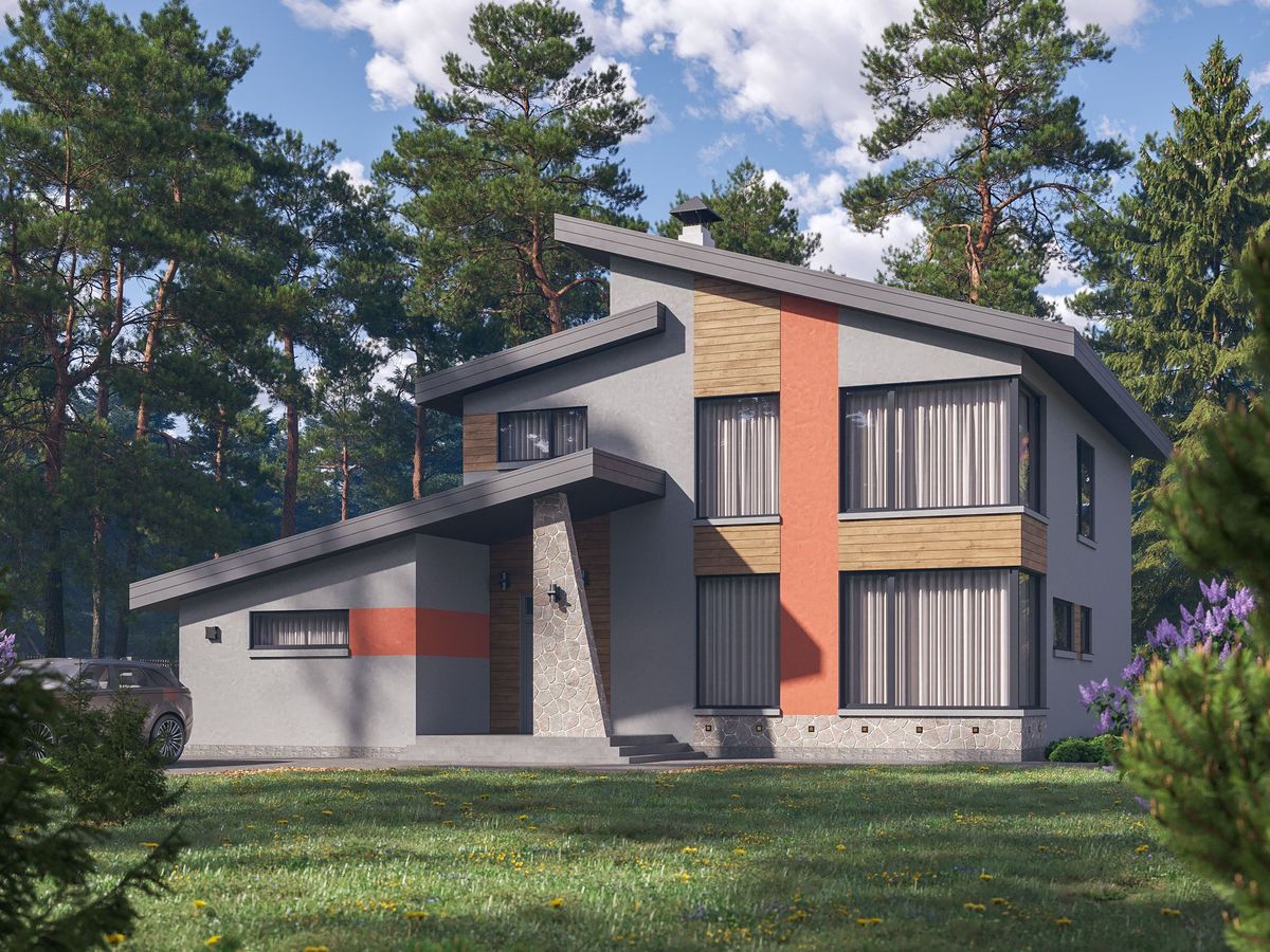 Превью для проекта в портфолио «"Движущая сила" - проект современного двухэтажного дома, с панорамным угловым остеклением, сауной и аквариумом»