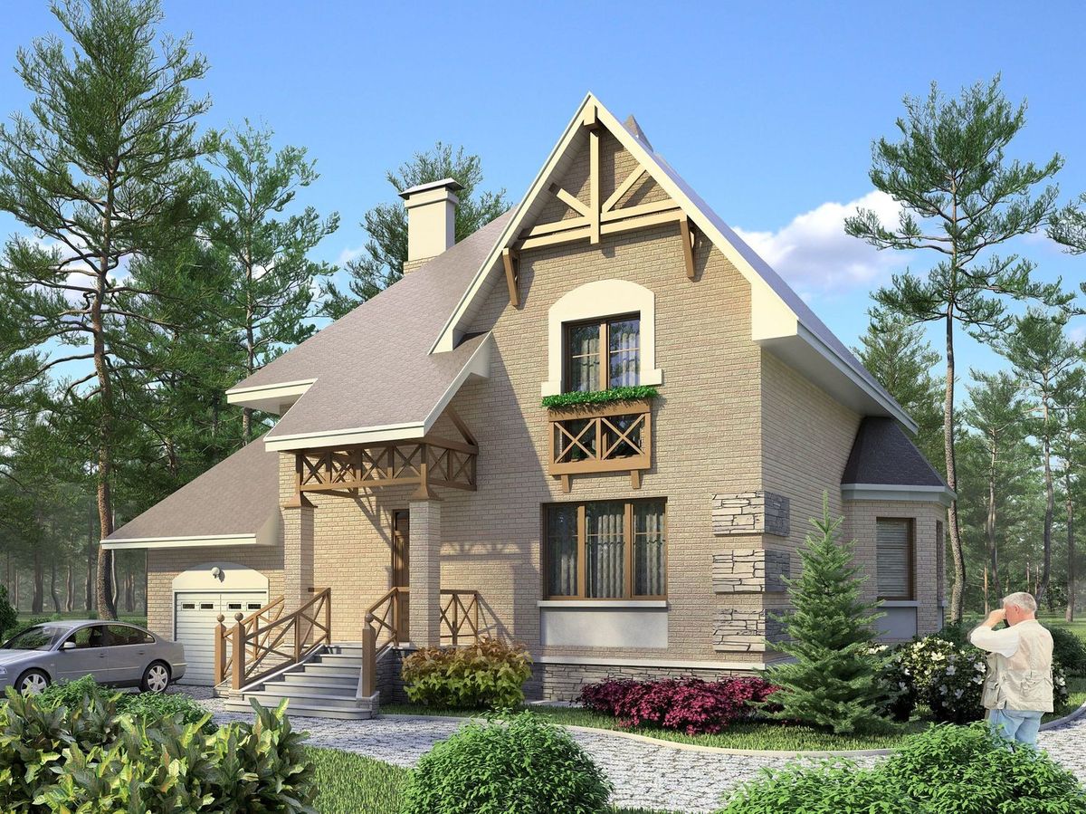 Превью для проекта в портфолио « «Магистр» - проект дома с мансардой, мастер спальня, с эркером и с террасой, с гаражом, в стиле фахверк»