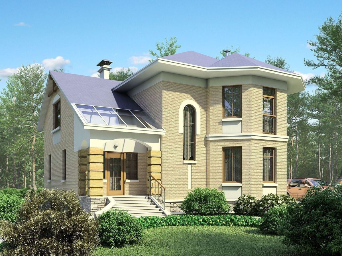 Превью для проекта в портфолио ««Ювенил» - проект двухэтажного дома, с эркером и с террасой, просторная планировка»