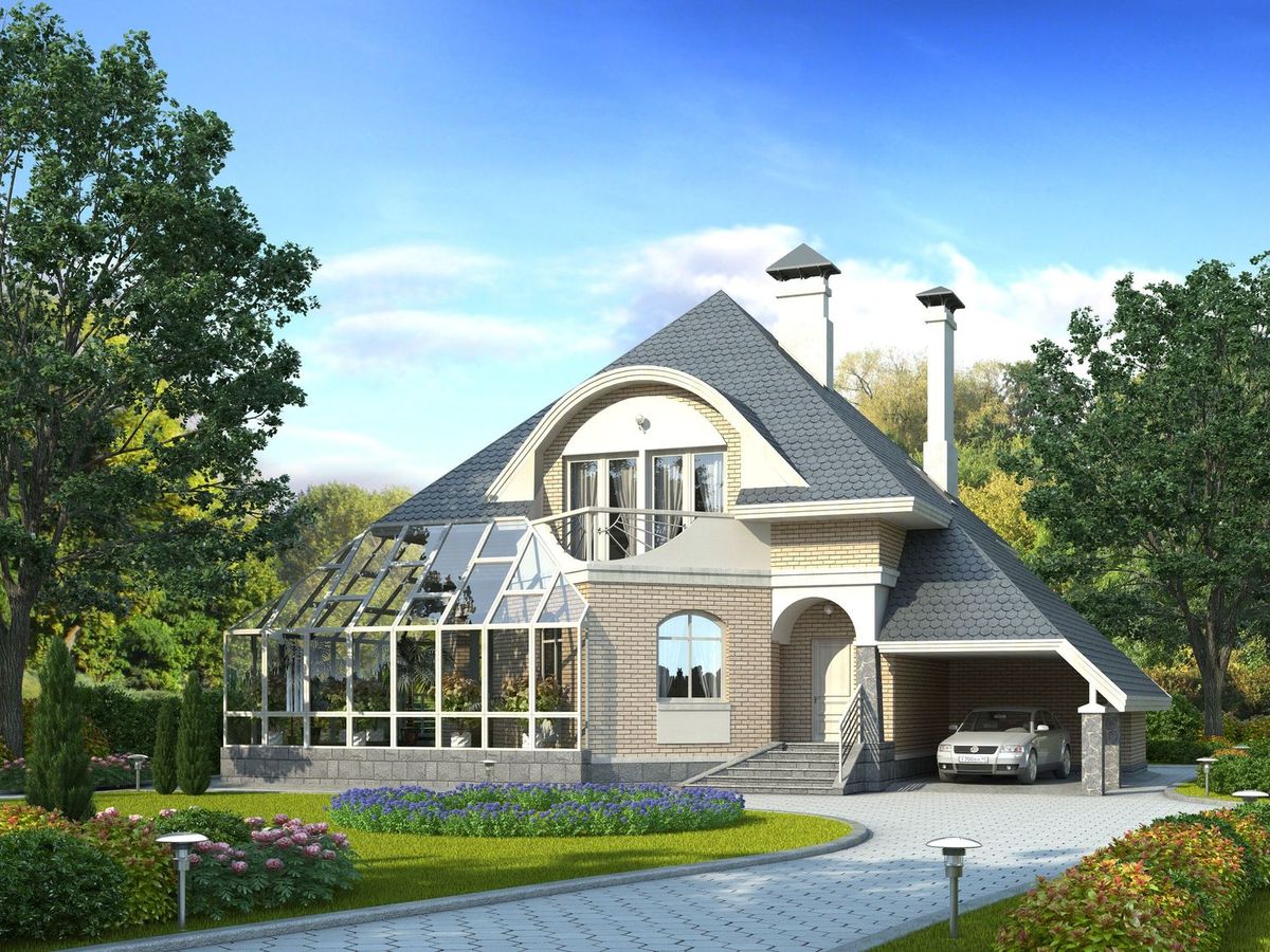 Превью для проекта в портфолио ««Кристалл» - проект дома с мансардой из газобетона, планировка дома с зимним садом»