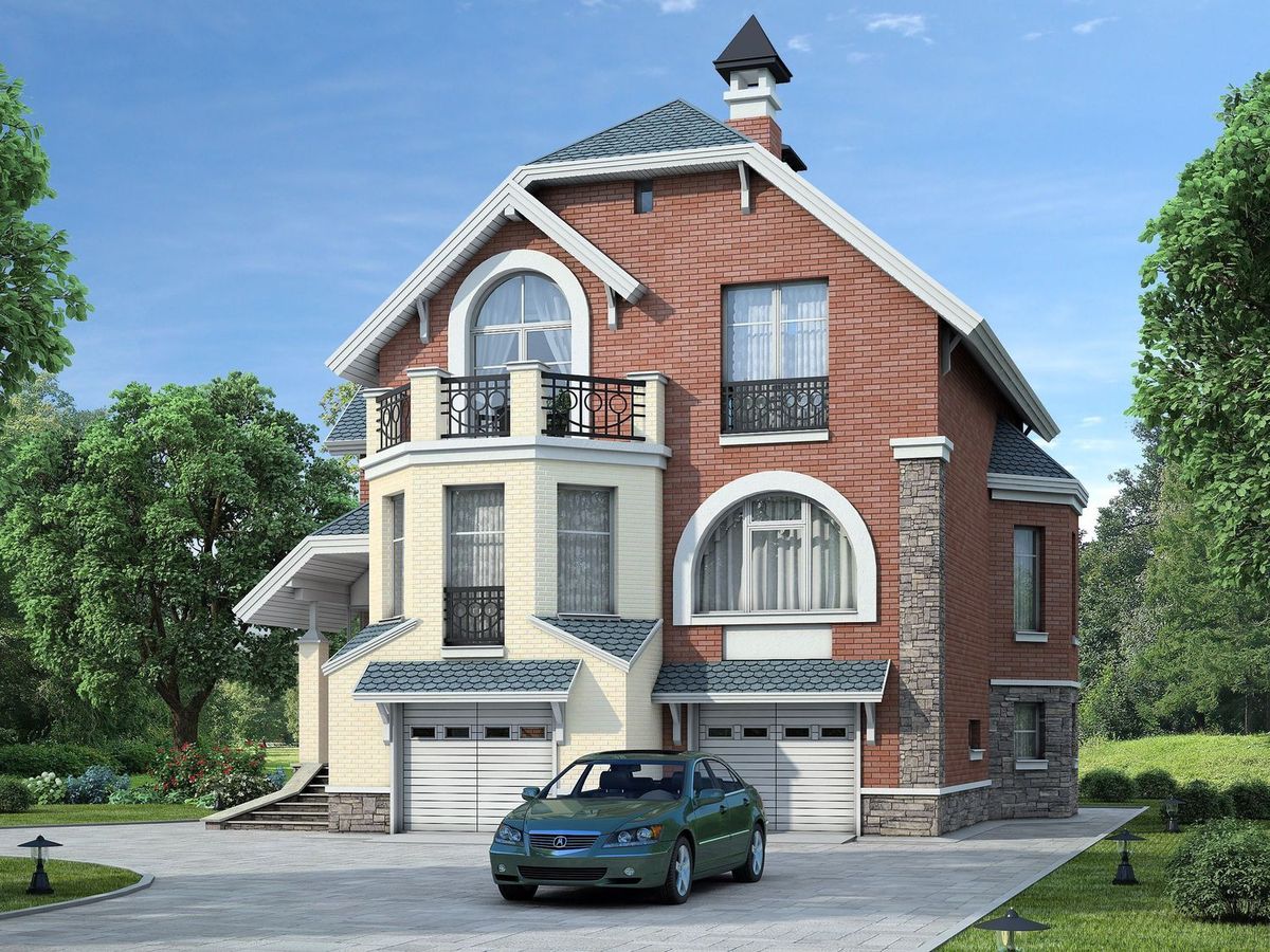 Превью для проекта в портфолио ««Корвет» - проект трехэтажного дома, из газобетона, с гаражом на 2 авто в цоколе, с эркером»