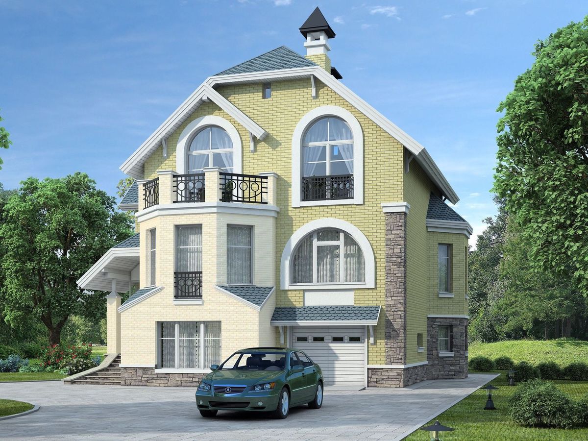 Превью для проекта в портфолио ««Корвет» - проект трехэтажного дома, с гаражом на 1 авто и спортзалом в цоколе, с эркером»