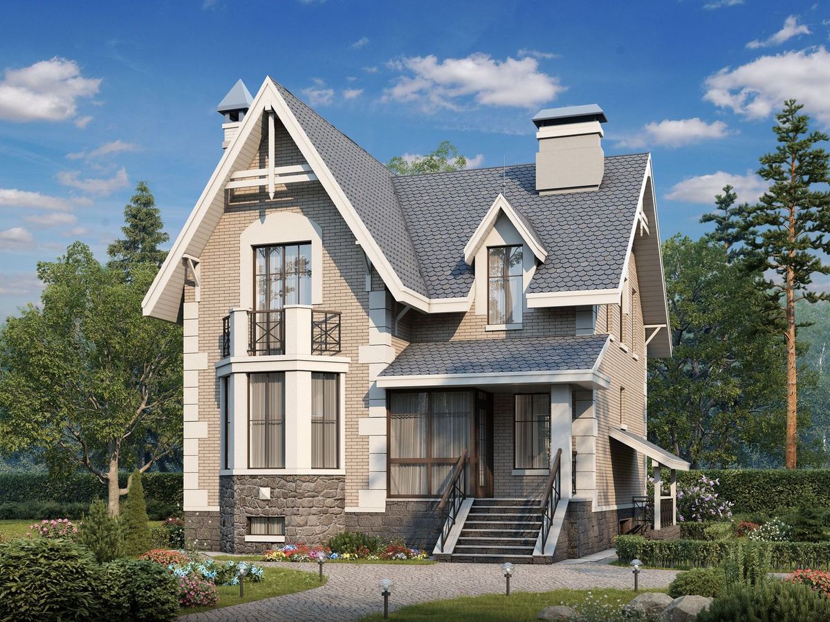 Превью для проекта в портфолио ««Стелла»- проект дома с мансардой, с террасой, с цокольным этажом, в английском стиле»