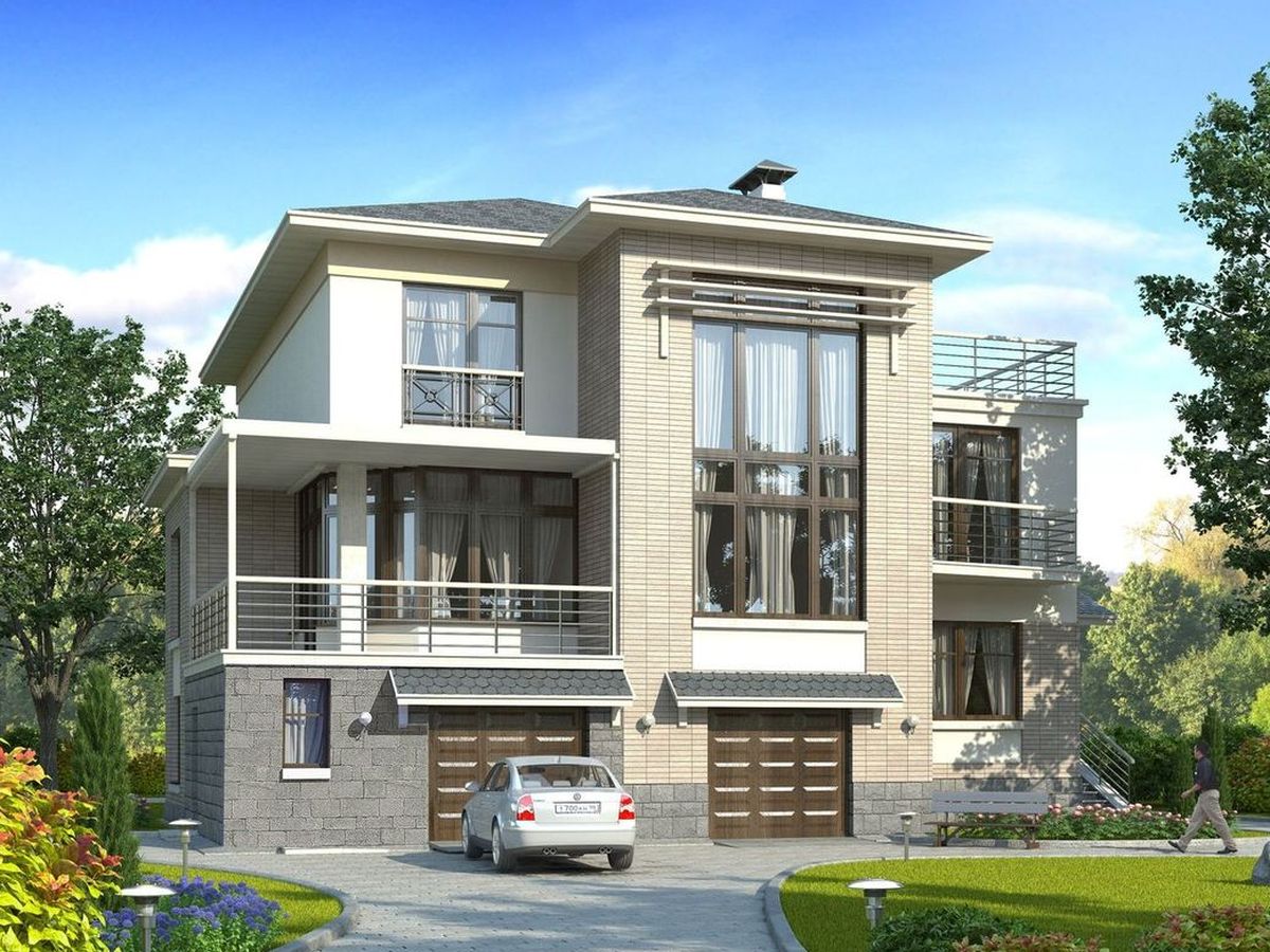 Превью для проекта в портфолио ««Три семерки» - проект трехэтажного дома, гараж в цоколе, второй свет и панорамные окна, современный дизайн дома»