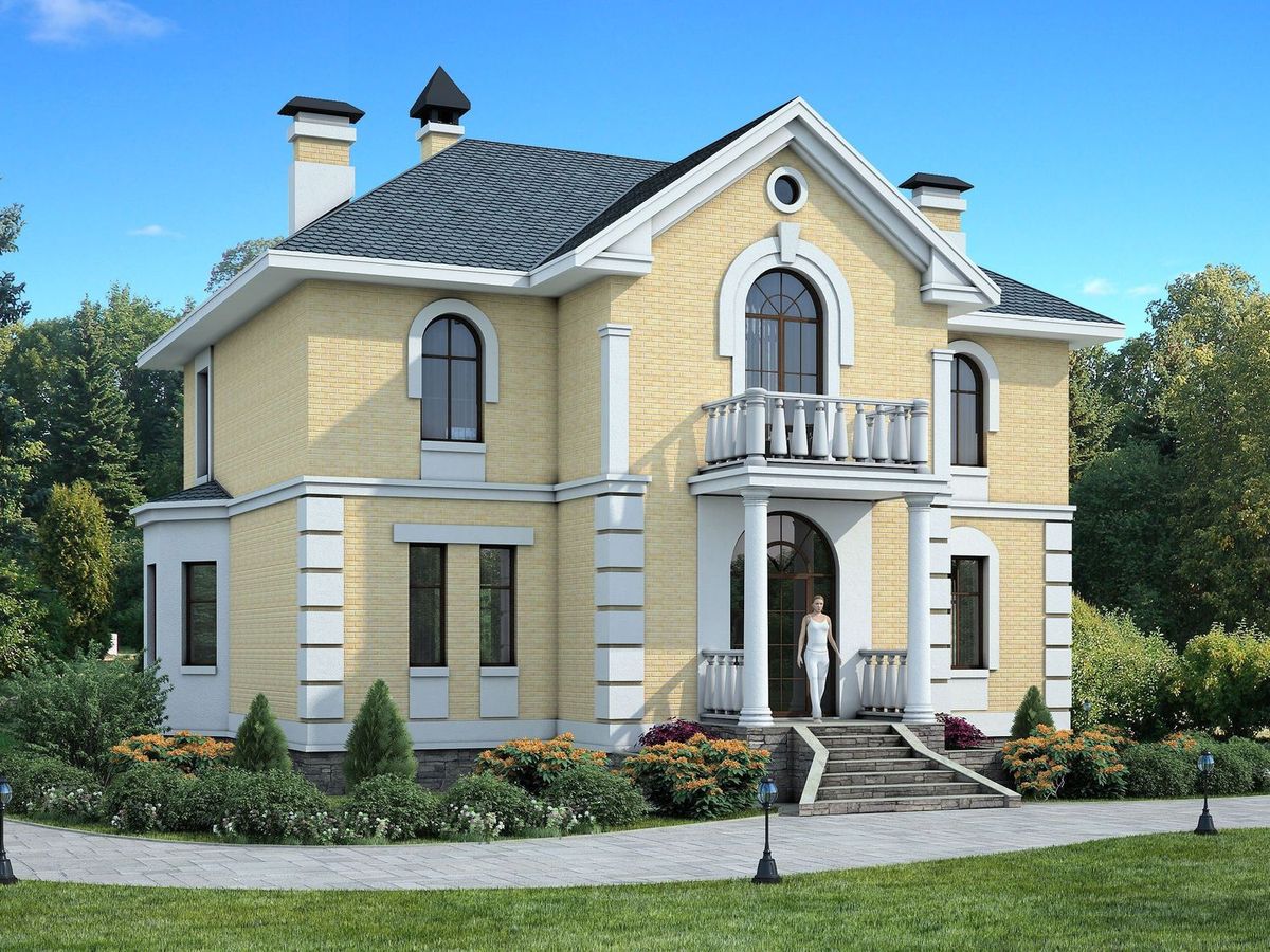 Превью для проекта в портфолио ««Петровское барокко» - проект двухэтажного дома, лестница в центре гостиной, с эркером и с террасой»