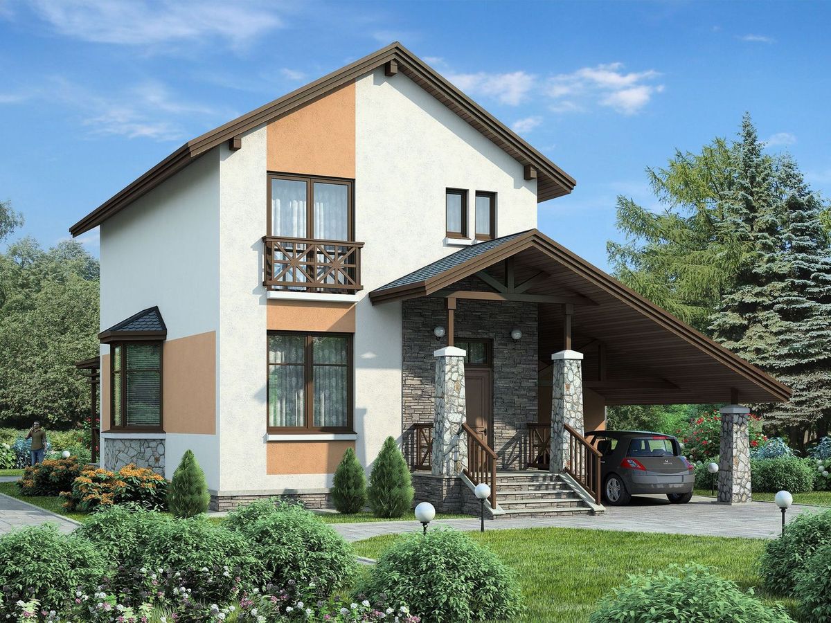 Превью для проекта в портфолио ««Премьера» - проект двухэтажного дома, компактная рациональная планировка, навес на 1 авто»