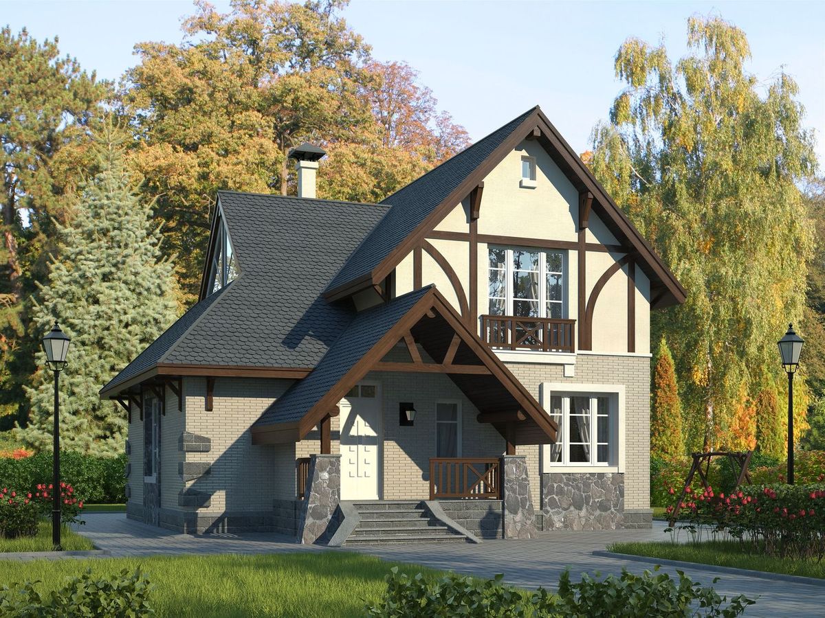 Превью для проекта в портфолио ««Альпенхаус» - проект дома с мансардой, высокий потолок в гостиной, в стиле фахверк»