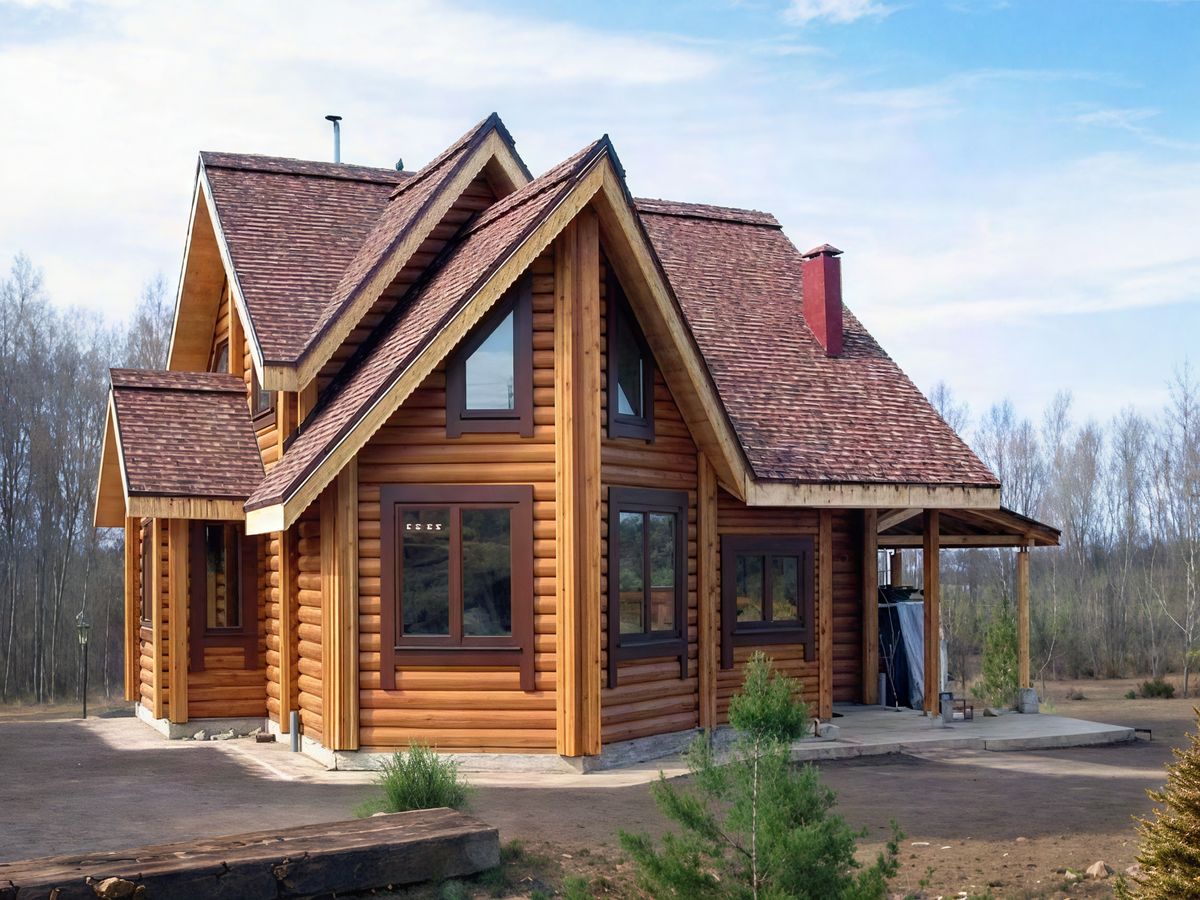 Превью для проекта в портфолио ««Л-Хаус» - проект деревянного дома с мансардой, из бревен, с треугольным эркером в гостиной и кабинетом на 1 эт, навес на 1 авто»