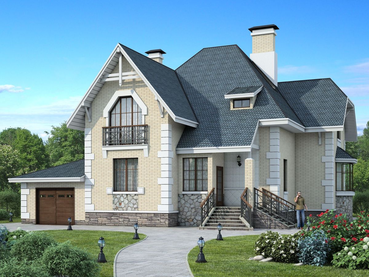 Превью для проекта в портфолио ««Приорат» - проект коттеджа с мансардой, кабинет на 1 эт, с террасой и с эркером, с гаражом на 1 авто»